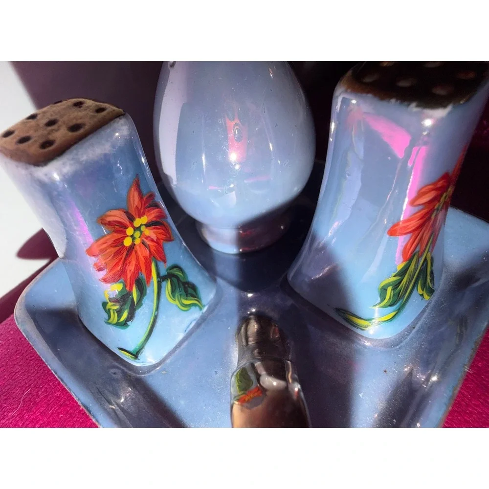 Vintage Nippon Hand Painted Lusterware Condiment Set Poinsettia Japan Blue 4pc